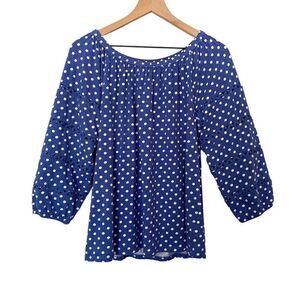 Talbots Large Blue Shirt White Polka Dot 3/4 Sleeve Top